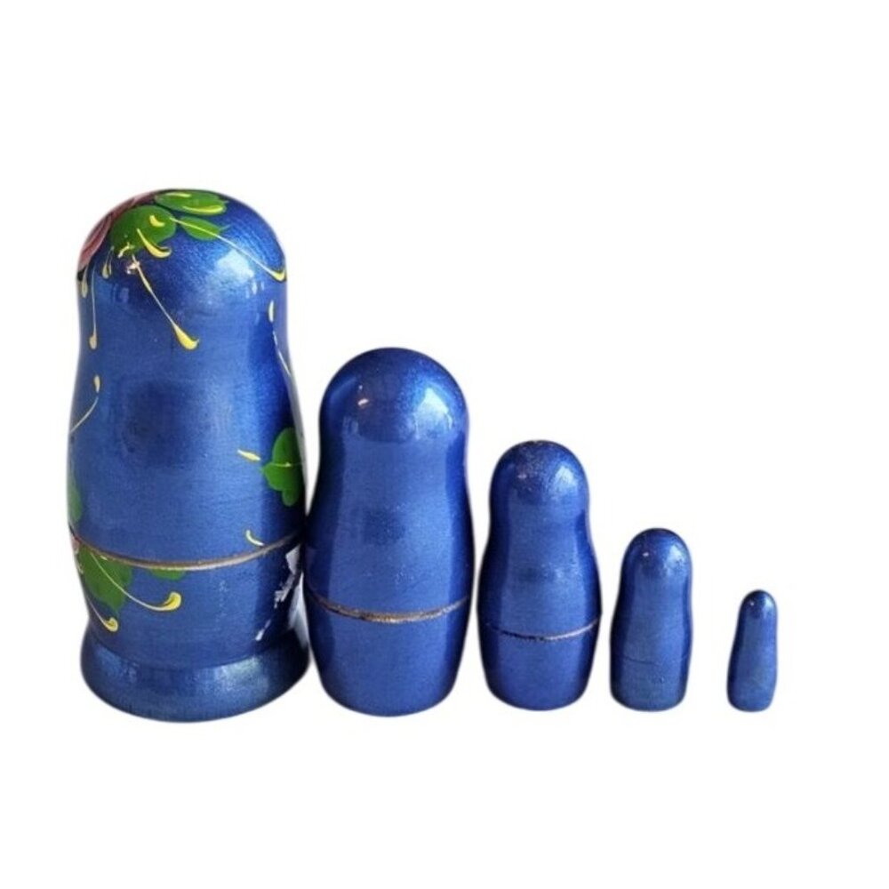 Russian Nesting Dolls Set of 5 Hand painted Blue Floral Woman Aprox 6" - Picture 5 of 7